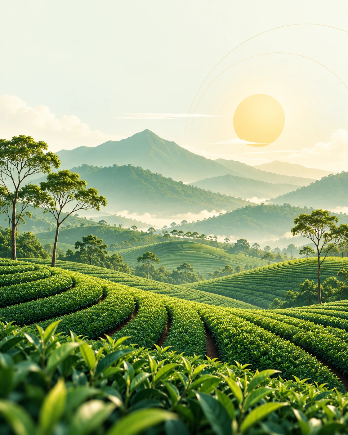 Decorative botanical illustration of cultivated rows in a Sri Lankan landscape